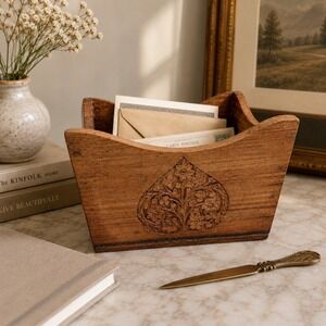 Vintage Hand Carved Solid Wood Organizer Catchall Box Desk Storage Floral 1970s